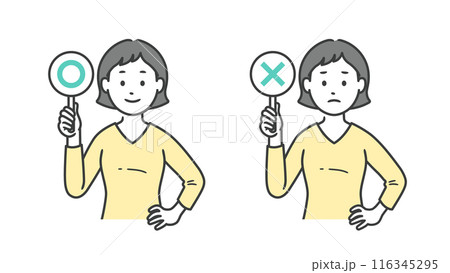 まるばつの札を持ち腰に手を当てる女性の上半身イラスト素材 116345295