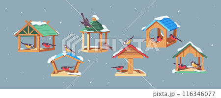 Birdfeeders with avian guests under snow 2D cartoon objects 116346077