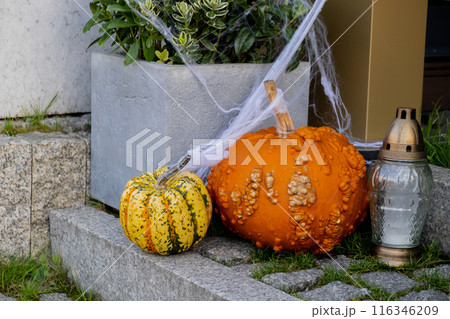 Exterior Beautiful cozy atmospheric halloween pumpkins decorated on porch. Autumn leaves and fall flowers holiday Thanksgiving October season outdoors in city 116346209