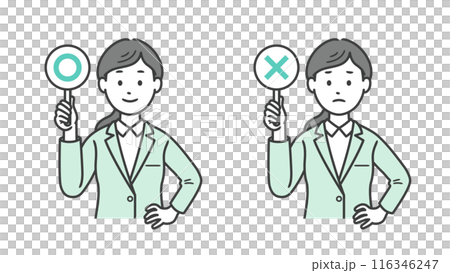 Upper body illustration of a female business man holding a circle or cross sign and putting her hand on her hip 116346247