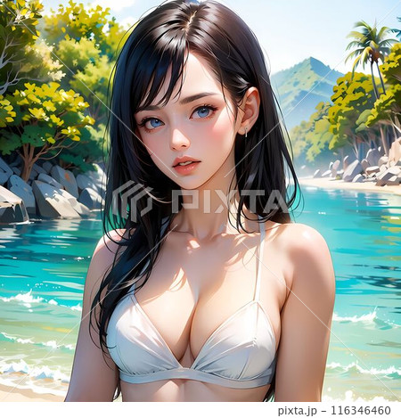 海にいる白いビキニの水着の若い女性 116346460