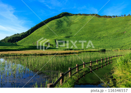 2024年夏曽爾高原の夕景　夕日を受けて美しい山肌を見せる倶留尊山と豊かな水を湛えたお亀池　横構図① 116346557