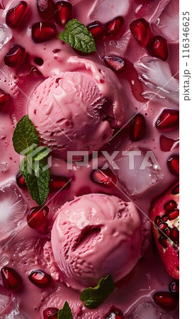 Fruit background with pomegranate seeds in juice, with ice cream balls, ice cubes and mint leaves. 116346625
