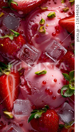 Fruit background with strawberries in juice, with ice cream balls, ice cubes and pistachio nuts. 116346626