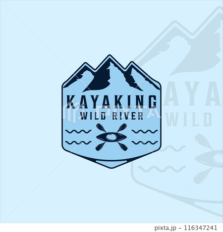 kayak at river mountain logo vintage vector illustration template icon graphic design. kayaking or canoe sign or symbol for adventure sport kayak at river mountain logo vintage vector illustration template icon graphic design. kayaking or canoe sign or symbol for adventure sport 116347241