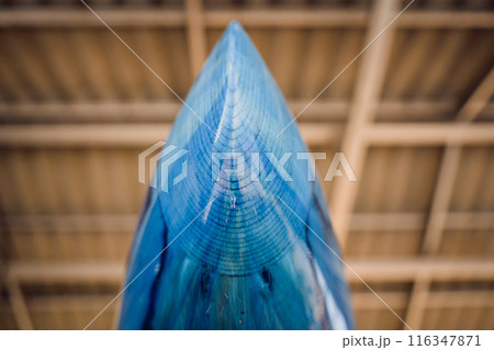 A variety of surfboards are neatly displayed on a stand 116347871