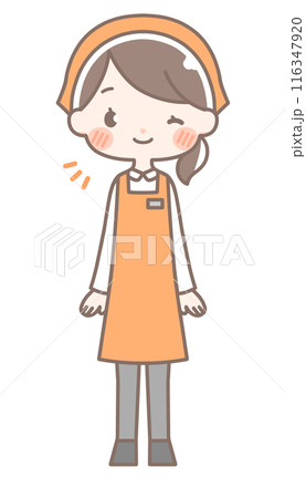 全身|ウインクする女性店員イラスト|エプロン 全身|ウインクする女性店員イラスト|エプロン 116347920