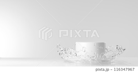 白背景と水面に浮かぶ白い台座。水しぶき。コピースペース。3D（横長） 116347967