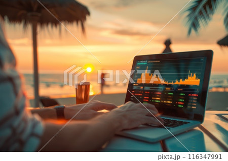 A person is sitting on a beach with a laptop open, working on a financial report A person is sitting on a beach with a laptop open, working on a financial report 116347991