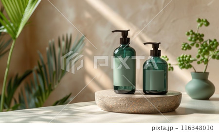 Green Glass Bottle of Body Lotion with Black Pump and Two Bottles of Face Serum on Terrazzo Stand Concept Minimalist Aesthetic Studio Photography 116348010