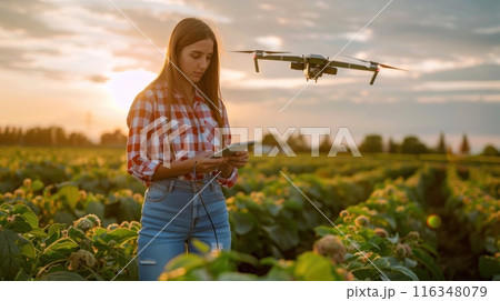 A woman is standing in a field with a drone flying above her 116348079