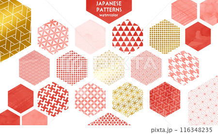 水彩風の和柄パターン、赤と金色の六角形の素材セット 116348235
