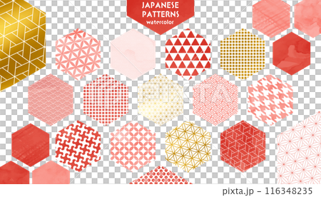 水彩風の和柄パターン、赤と金色の六角形の素材セット 116348235