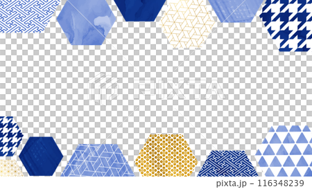 Blue and gold hexagonal Japanese pattern frame 116348239