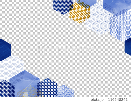 Blue and gold hexagonal Japanese pattern frame 116348241