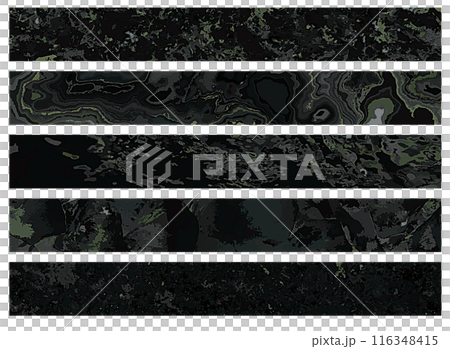 A horizontal banner background for web design with textures such as rock surface, marble, and cracks on a black background. 116348415