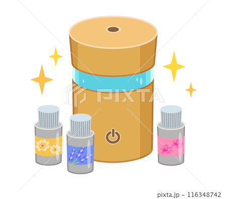 アロマディフューザーとアロマオイルのイラスト素材(木製・ウッド調・グリーン) アロマディフューザーとアロマオイルのイラスト素材(木製・ウッド調・グリーン) 116348742