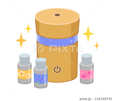 アロマディフューザーとアロマオイルのイラスト素材（木製・ウッド調・ブルー） 116348745