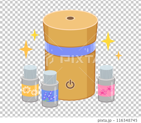 アロマディフューザーとアロマオイルのイラスト素材（木製・ウッド調・ブルー） 116348745