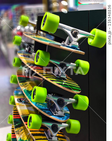 A stack of skateboards on a special indoor stand A stack of skateboards on a special indoor stand 116348836