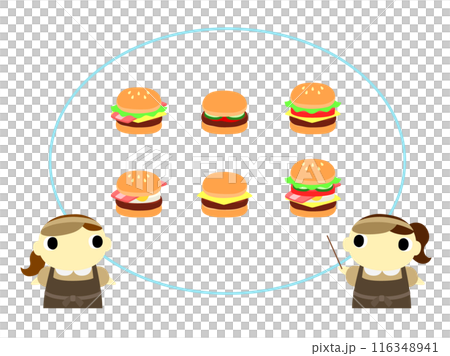 店員介紹漢堡菜單（經典色） 橢圓形框 116348941