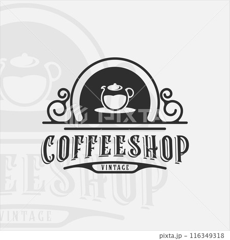 coffee pot logo vintage with outline vector illustration template icon graphic design. shop drink or beverage sign and symbol for business with retro typography style 116349318