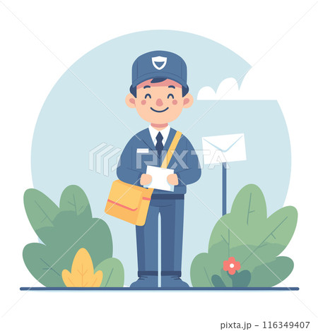 Smiling Mailman Delivering Letters in Neighborhood 116349407