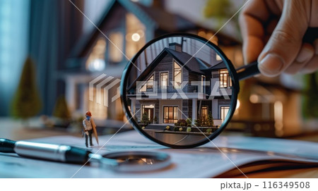 A house is shown with a magnifying glass on top of it 116349508
