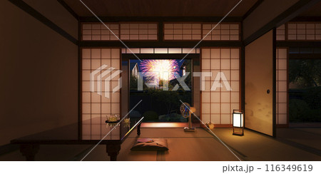 屋根の向こうの打ち上げ花火を眺める夏の日本家屋の和室/夏休み・帰省・田舎の実家・昭和レトロイメージ 屋根の向こうの打ち上げ花火を眺める夏の日本家屋の和室/夏休み・帰省・田舎の実家・昭和レトロイメージ 116349619