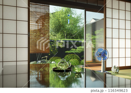 爽やかな朝日が差し込む夏の日本家屋の和室とテーブルの上の冷茶 / 夏休み・帰省・田舎の実家イメージ 爽やかな朝日が差し込む夏の日本家屋の和室とテーブルの上の冷茶 / 夏休み・帰省・田舎の実家イメージ 116349623