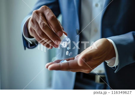 A man is holding a bottle of pills and a handful of pills in his hand 116349627