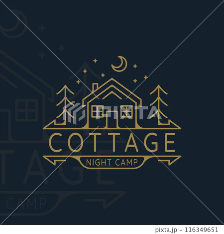 cabin or cottage line art logo vector illustration template icon graphic design. night camp at nature with pine and star moon 116349651