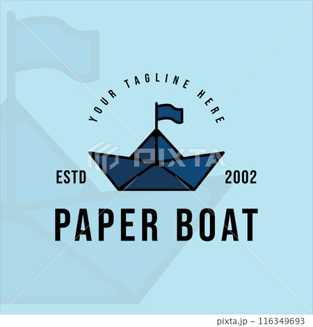paper boat logo vintage with outline line art vector illustration template icon graphic design. origami boat concept with typography style 116349693