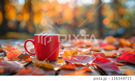 Concept of warmth and comfort, as the hot beverage contrasts with the cool 116349715
