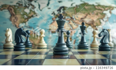 A group of chess pieces are arranged on a checkered board 116349716