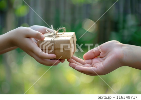 A person is holding a brown box with a string tied around it 116349717