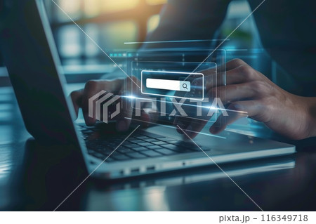 Close Up of Hands Typing on Laptop Keyboard with Search Bar on Transparent Screen Concept Man Searching for Online Information at Home Office in Minimalist Digital Artist Style 116349718