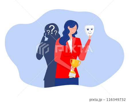 Imposter syndrome.woman standing for her present profile with fear after door . Anxiety and lack of self confidence at work; the person fakes is someone else concept 116349732