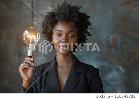 African American woman holding a light bulb in her hand African American woman holding a light bulb in her hand 116349739