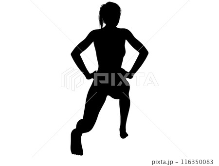 筋トレ ストレッチ スクワットをする女性のシルエット 全身後ろ姿 後ろ向き 116350083