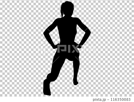 筋トレ ストレッチ スクワットをする女性のシルエット 全身後ろ姿 後ろ向き 116350083
