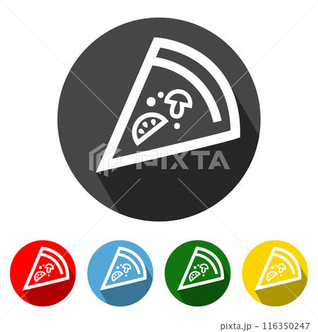 Pizza Flat Icon Long Shadow. Pizza icon vector illustration design element with four color variations. Pizza Icon with Long Shadow. Pizza Icon flat design. Elements for design. All in a single layer. 116350247