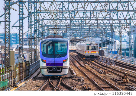 日本の川崎都市景観　7月。二子玉川側から二子新地駅や東京メトロの電車、各停大井町の電車などを望む 116350445