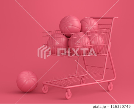 Set of ball like basketball, football and golf in shopping cart on monochrome 116350749