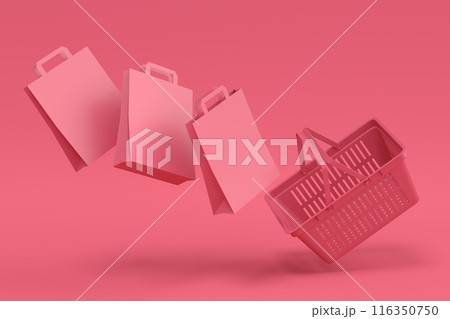 Shopping plastic basket for groceries with kraft paper bag on monochrome 116350750