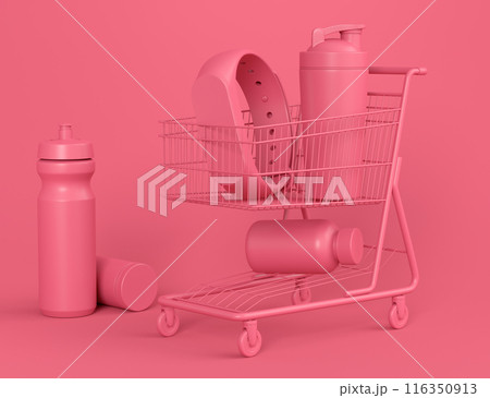 Sport equipment for fitness, gym in shopping cart on monochrome 116350913