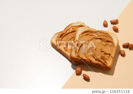 Sandwiches with peanut paste, on a light background. 116351118
