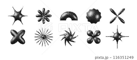 Pixelated 3d Y2K shapes set. Bitmap stars, flowers, sparkles element collection. Retro 8 bit sticker forms for posters, banners, collage, graphic design, tattoo. Vector dither pack Pixelated 3d Y2K shapes set. Bitmap stars, flowers, sparkles element collection. Retro 8 bit sticker forms for posters, banners, collage, graphic design, tattoo. Vector dither pack 116351249