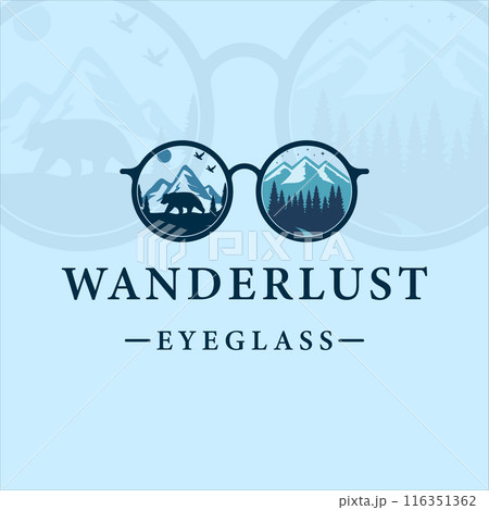 eyeglass outdoor adventure vintage vector logo illustration template icon graphic design. bear mountain and pines inside eyeglasses sign or symbol eyeglass outdoor adventure vintage vector logo illustration template icon graphic design. bear mountain and pines inside eyeglasses sign or symbol 116351362
