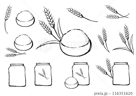 筆タッチの小麦と小麦粉のイラストセット 筆タッチの小麦と小麦粉のイラストセット 116351620